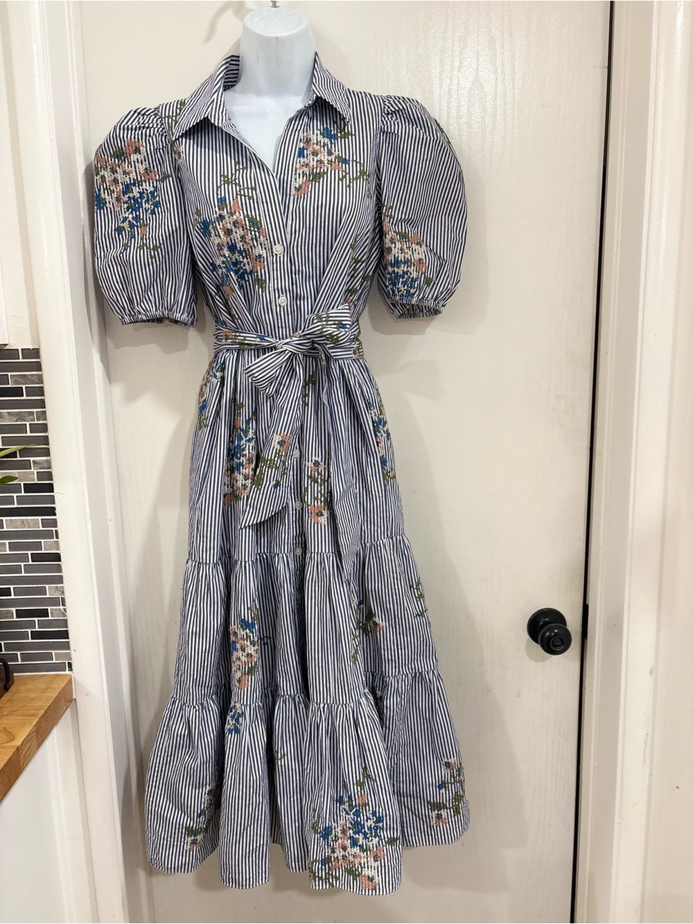 Veronica Beard Striped Midi Dress with Blue and White Floral Print
